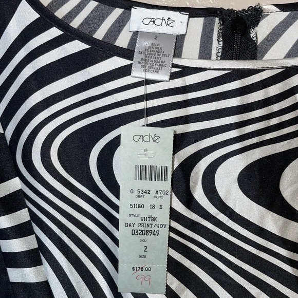 NWT Vintage Cache Silk Blend Sheath Dress Womens 2 Black White Wavy Design - Picture 7 of 11
